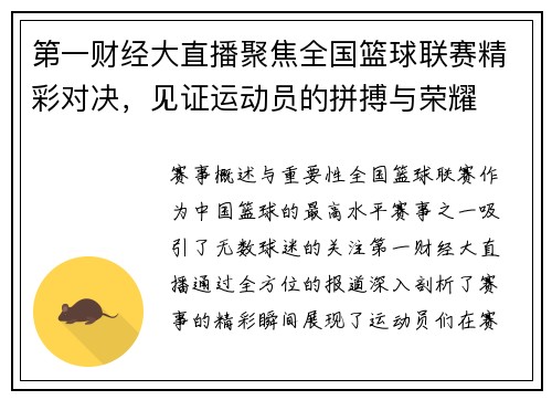 第一财经大直播聚焦全国篮球联赛精彩对决，见证运动员的拼搏与荣耀